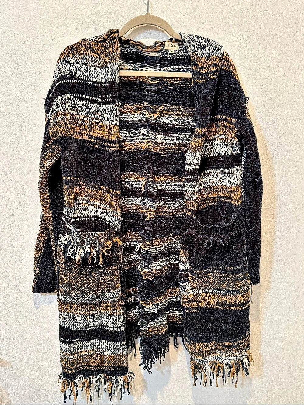 POL Striped Distressed Chenille Fringe Cardigan Black & Brown Size Medium